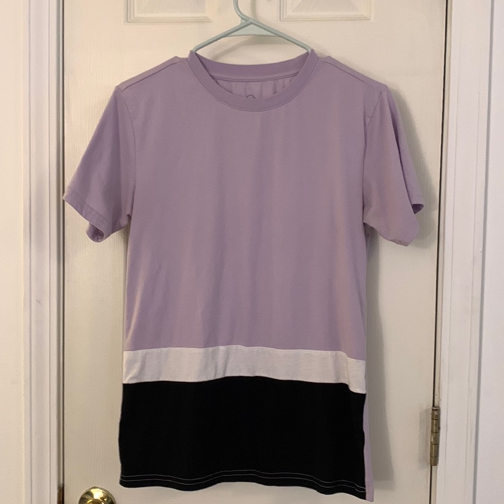 Men’s purple shirt with white and black block stripes